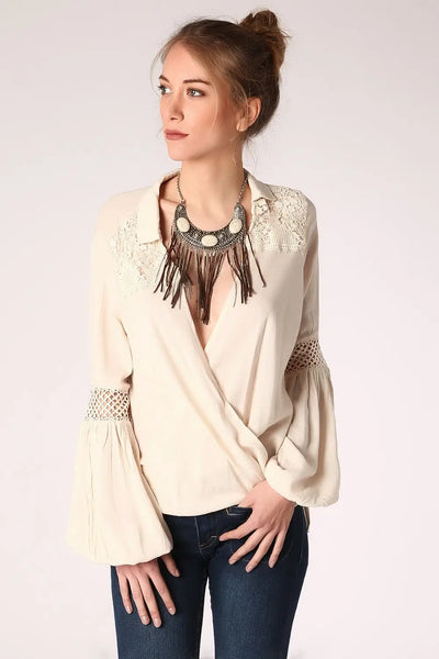 Beige blouse with wrap front and draped detail - Shirts