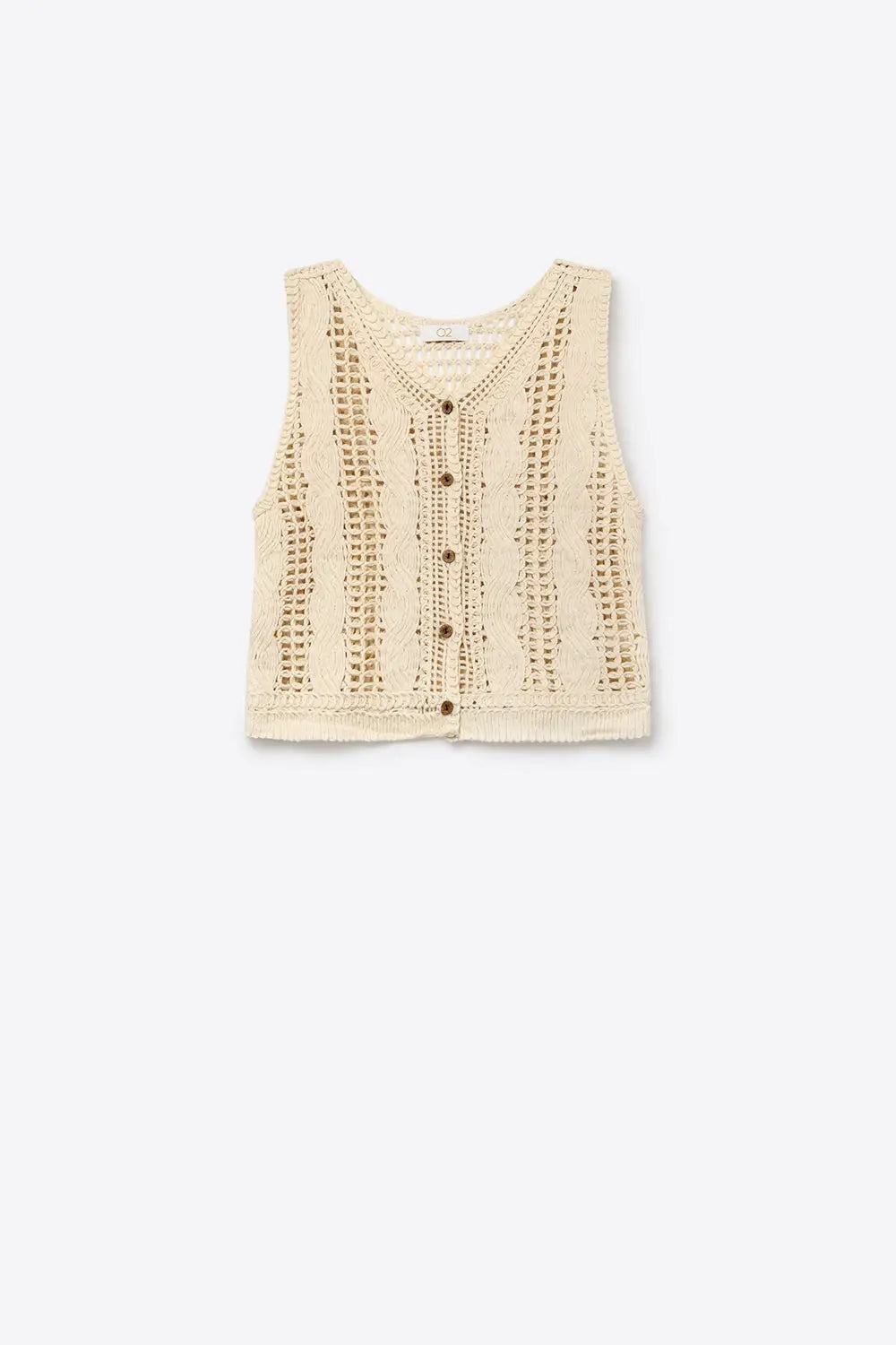 Beige Cable Knit Crochet Button Front Cropped Vest Top - One Size / Beige