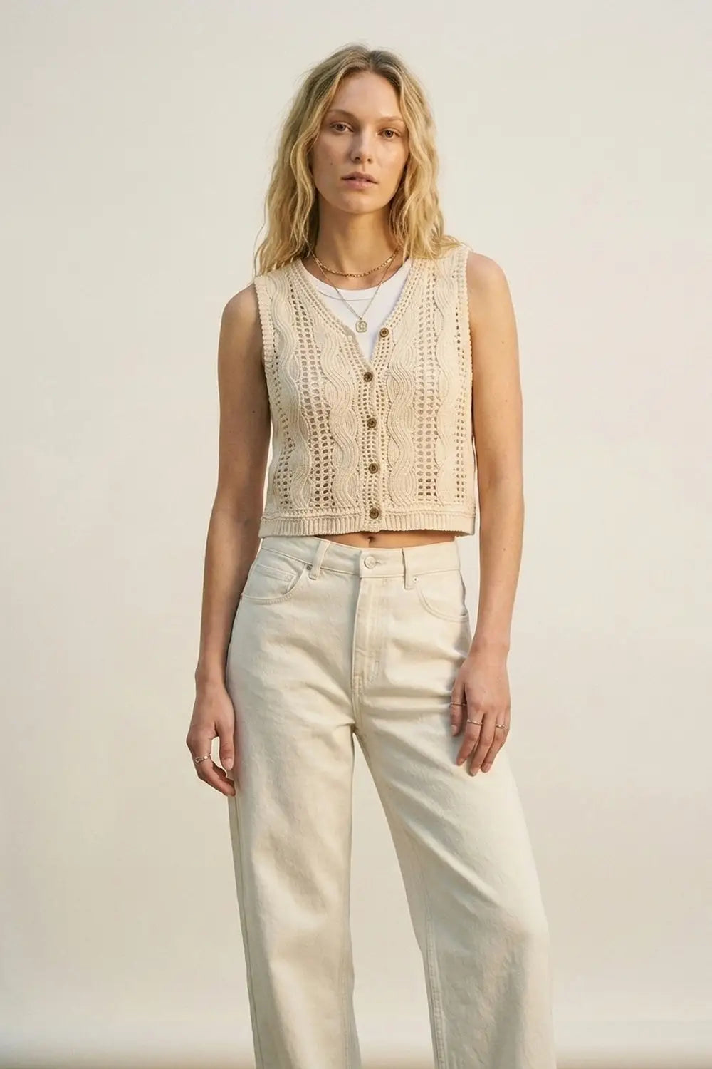 Q2 Beige Cable Knit Crochet Button Front Cropped Vest Top
