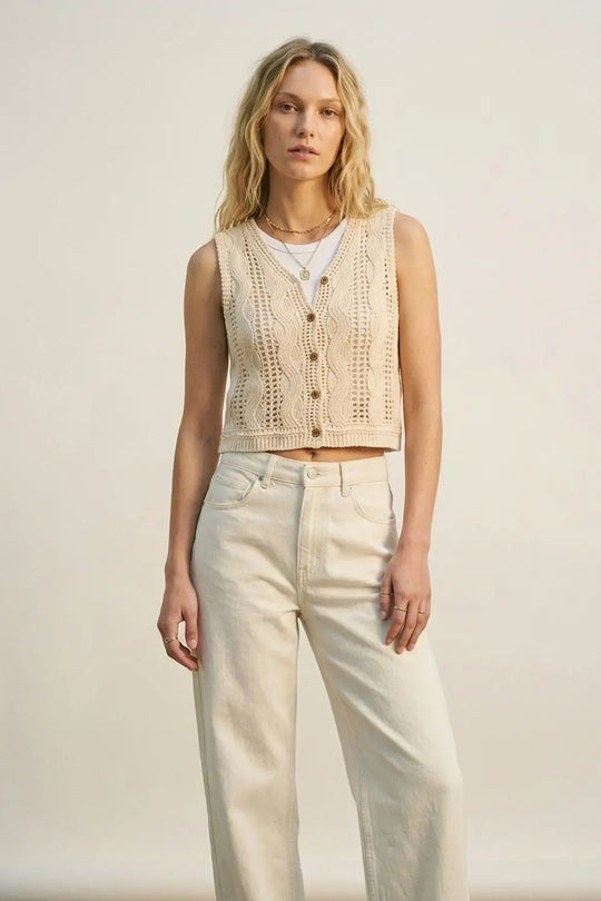 Q2 Beige Cable Knit Crochet Button Front Cropped Vest Top