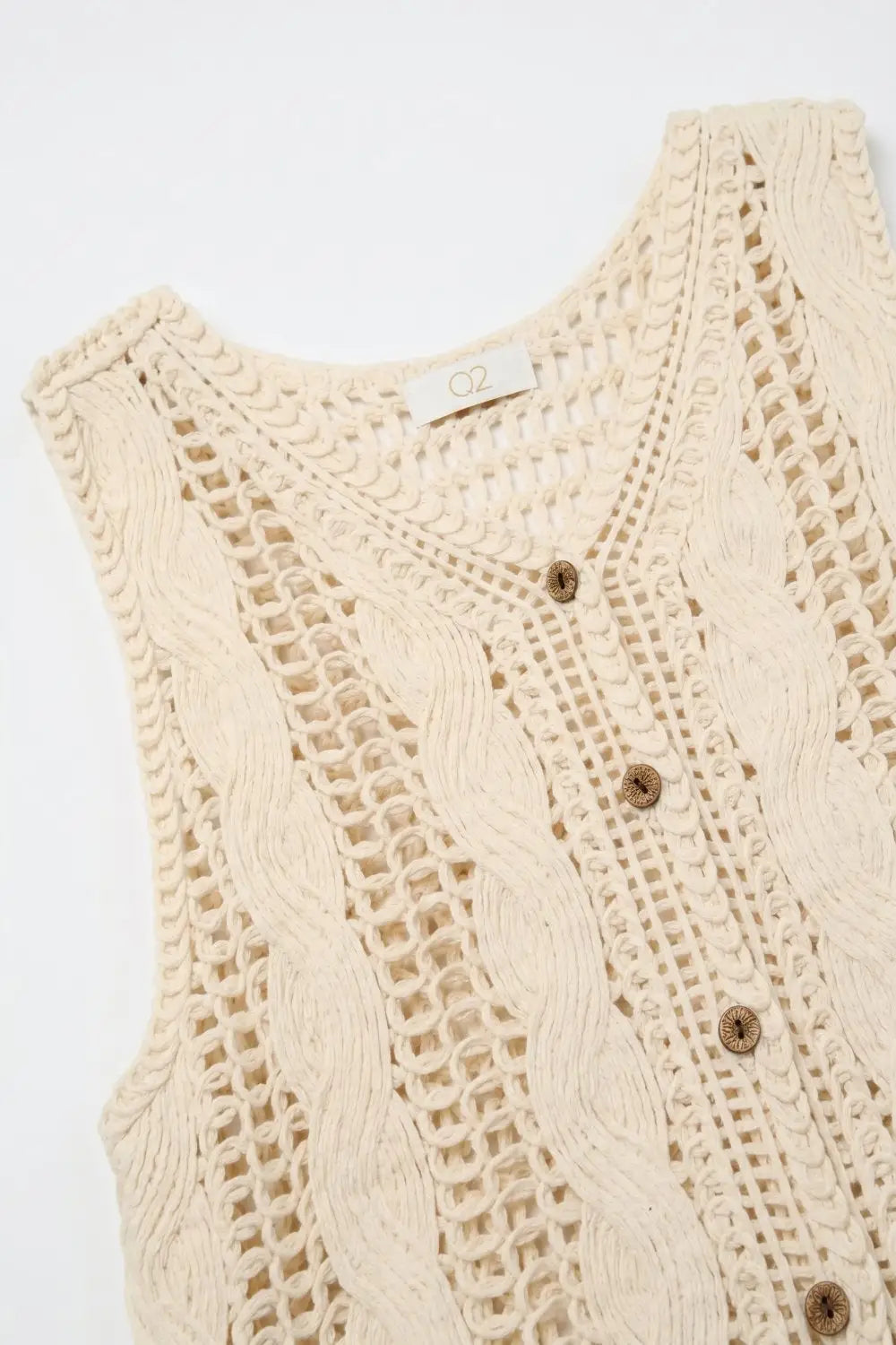 Beige Cable Knit Crochet Button Front Cropped Vest Top - One Size / Beige