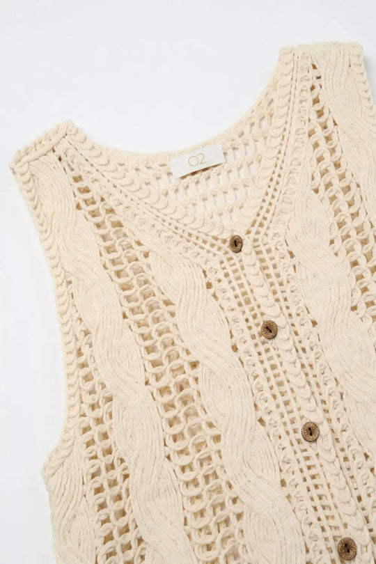 Beige Cable Knit Crochet Button Front Cropped Vest Top - One Size / Beige
