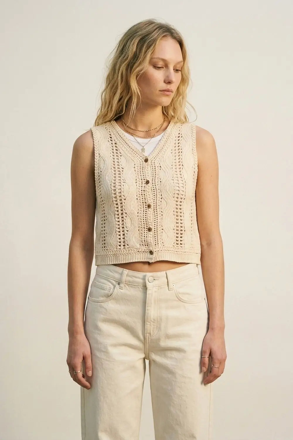 Beige Cable Knit Crochet Button Front Cropped Vest Top - One Size / Beige