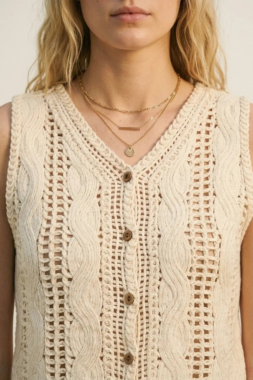 Beige Cable Knit Crochet Button Front Cropped Vest Top - One Size / Beige