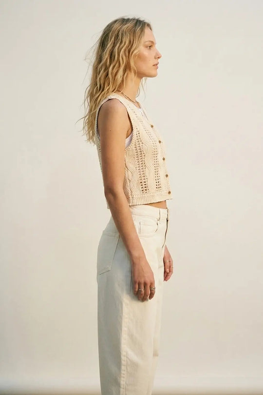 Beige Cable Knit Crochet Button Front Cropped Vest Top - One Size / Beige