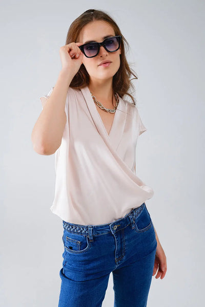 Beige Crossed Silk Top With V-neck and Short Sleeves - Tops