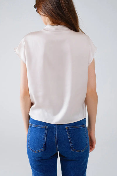 Beige Crossed Silk Top With V-neck and Short Sleeves - Tops