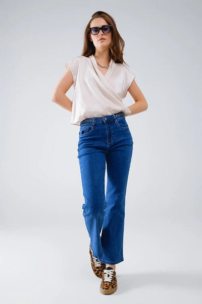 Beige Crossed Silk Top With V-neck and Short Sleeves - Tops