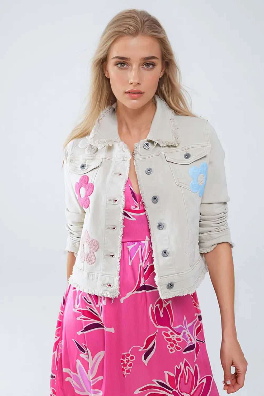 Beige Denim Jacket With Embroided Flowers - Coats and Jackets