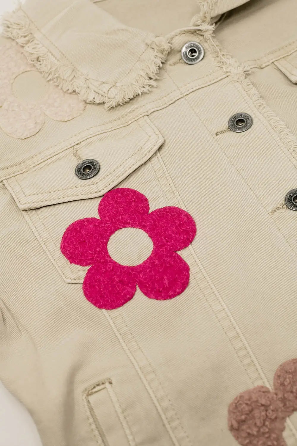 Beige Denim Jacket With Embroided Flowers - Coats and Jackets