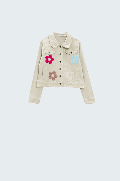 Beige Denim Jacket With Embroided Flowers