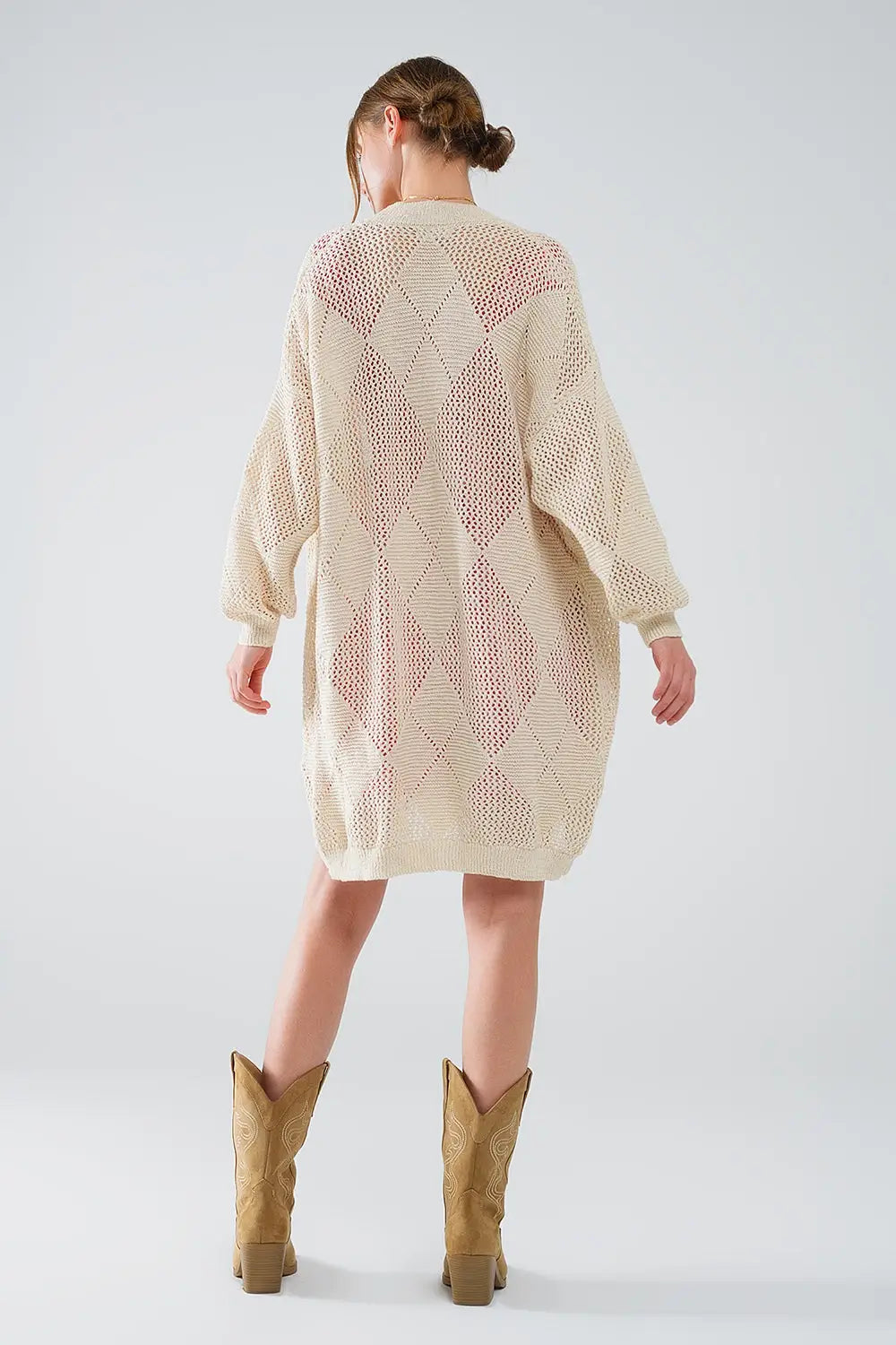 Beige Draped Cardigan With Crochet Design - One Size / Beige - Sweaters