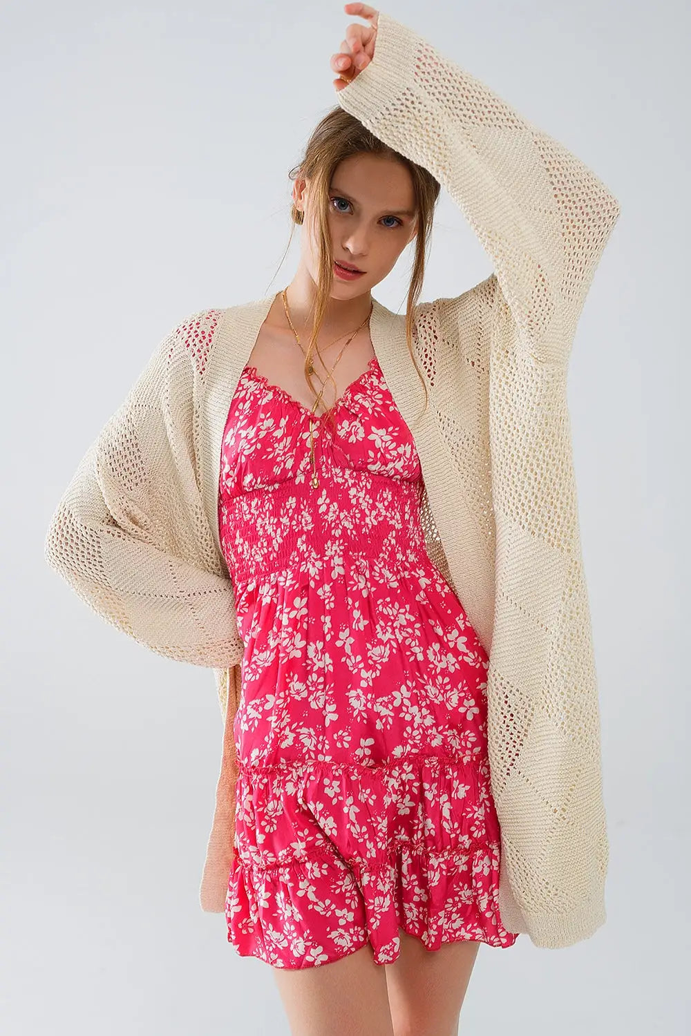 Beige Draped Cardigan With Crochet Design - One Size / Beige - Sweaters