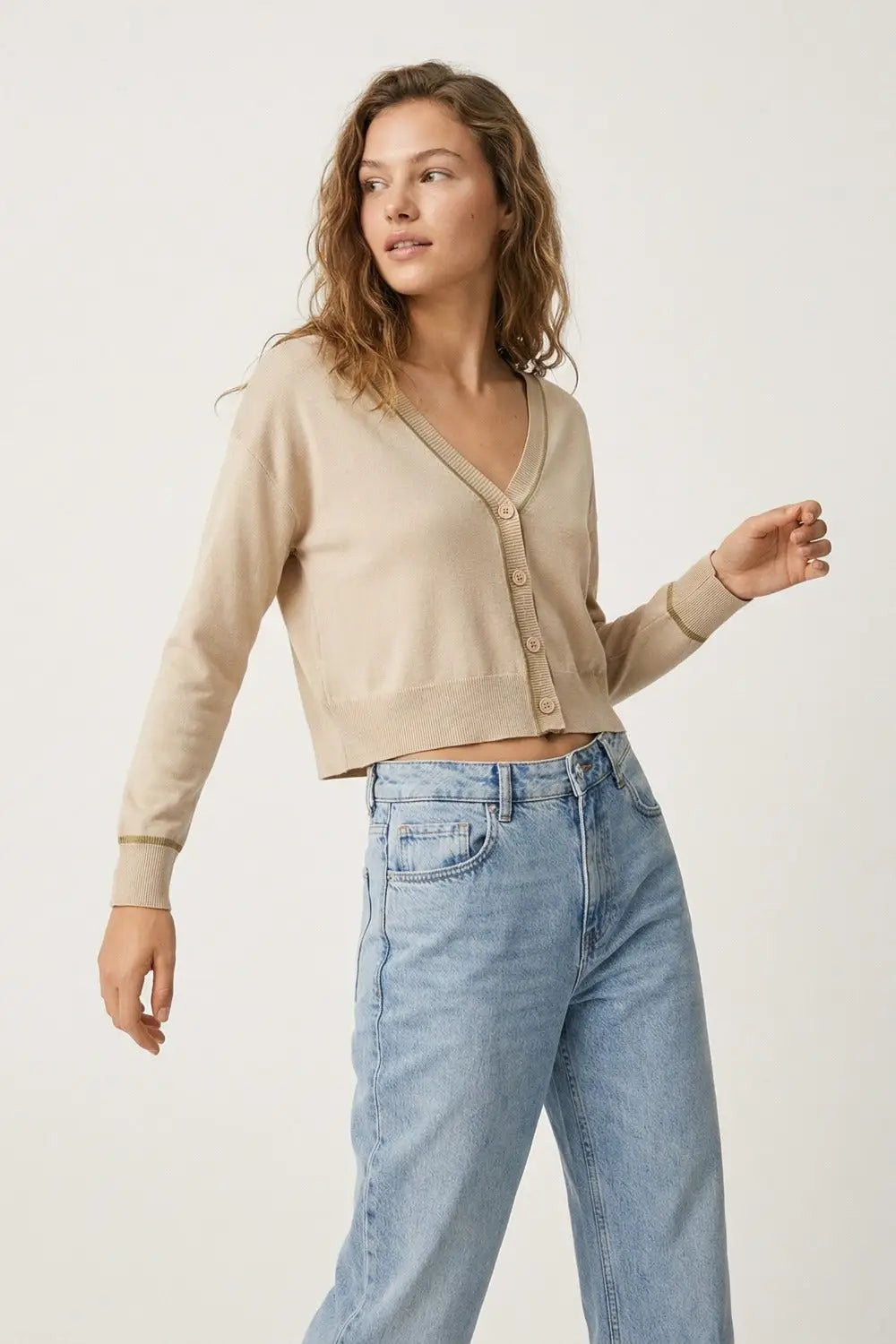 Beige Fine Knit Cardigan with Contrast Trim in brown - One Size / Beige