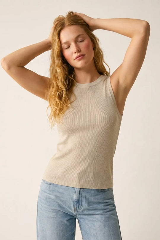 Beige fine Knit Subtle Glitter Sleeveless Top - One Size / Beige