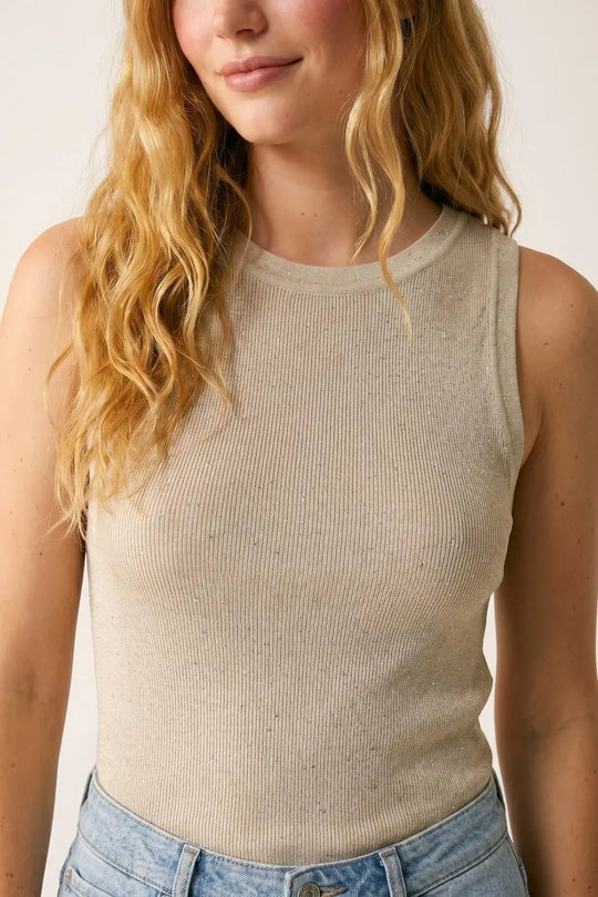 Beige fine Knit Subtle Glitter Sleeveless Top - One Size / Beige