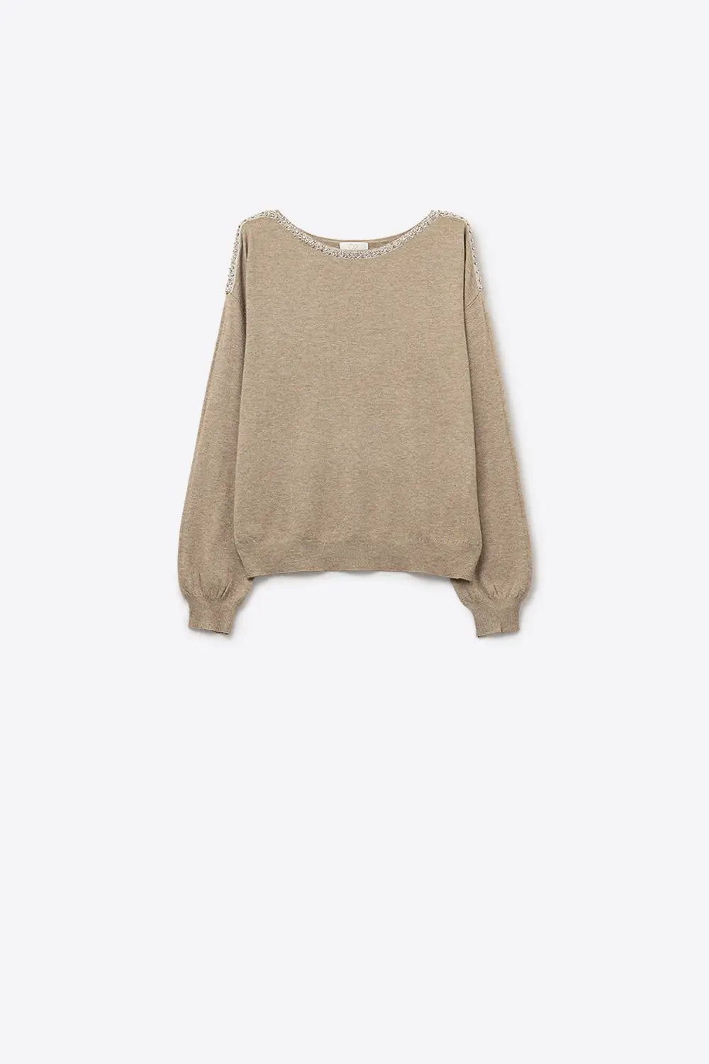 Q2 beige fine knit sweater with a boat neck and rhinestone detail
