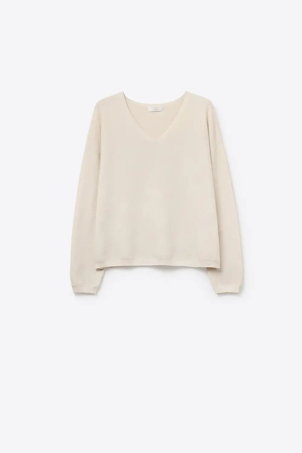 Q2 Beige Fine Knit V-Neck Sweater with Subtle Linear Texture