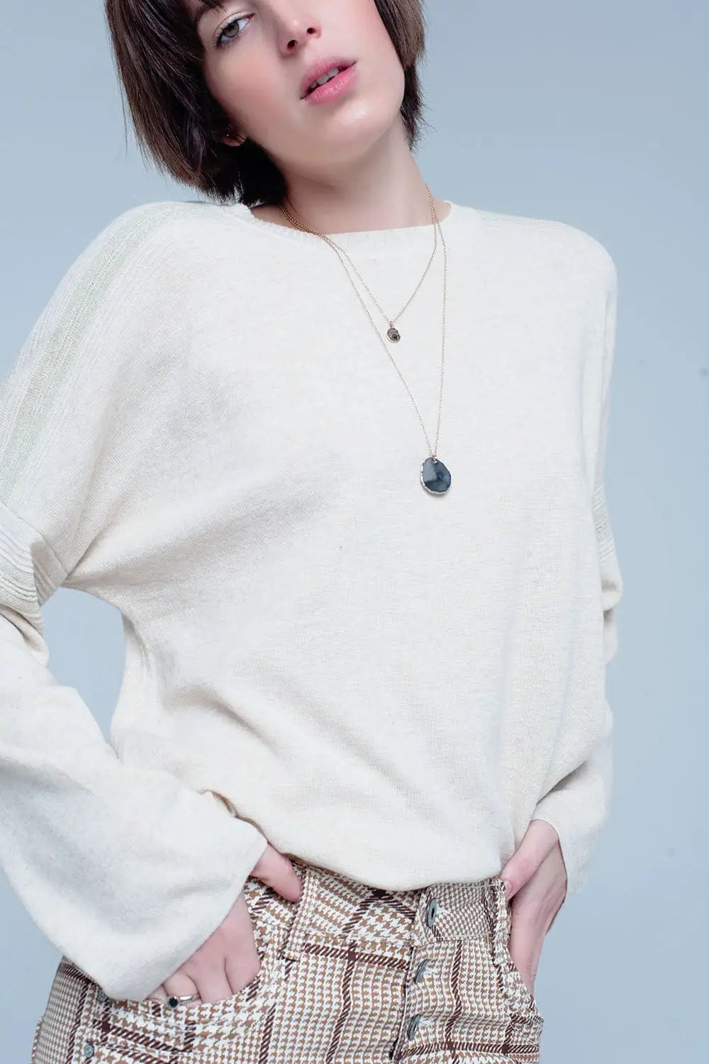 Beige Fine Knitted Sweater with Glitter Details - Sweaters