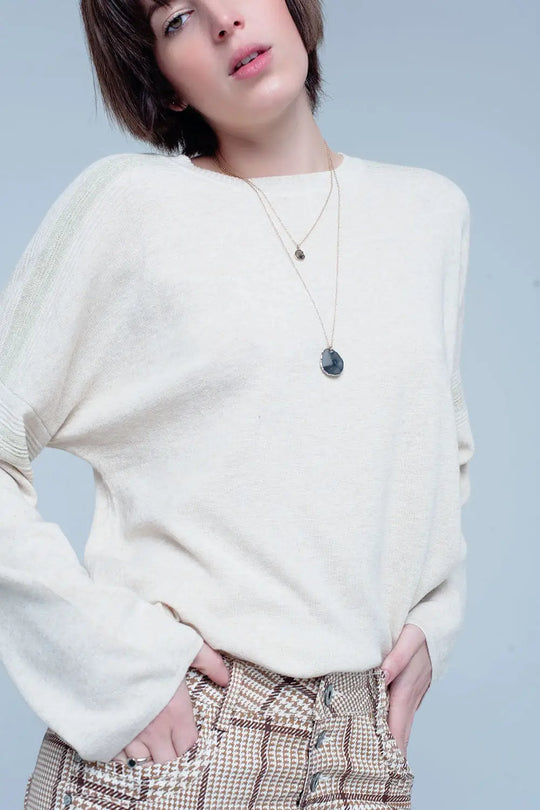 Beige Fine Knitted Sweater with Glitter Details - Sweaters