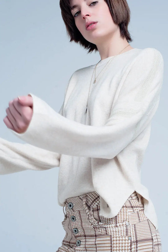 Beige Fine Knitted Sweater with Glitter Details - Sweaters