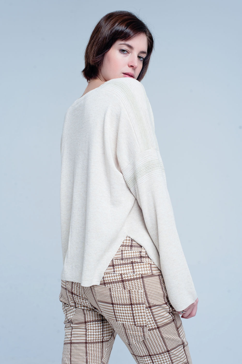 Beige Fine Knitted Sweater with Glitter Details