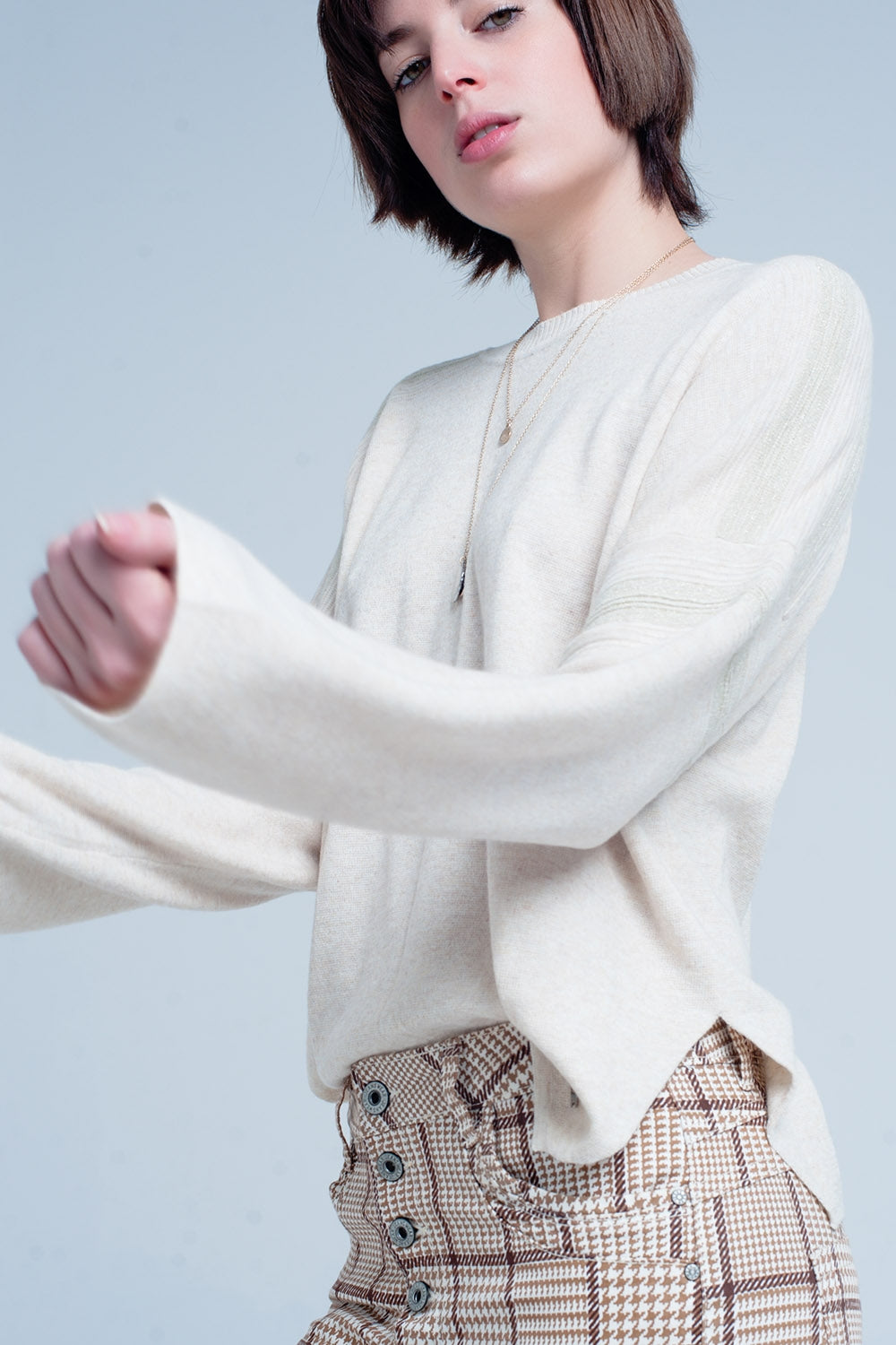 Beige Fine Knitted Sweater with Glitter Details