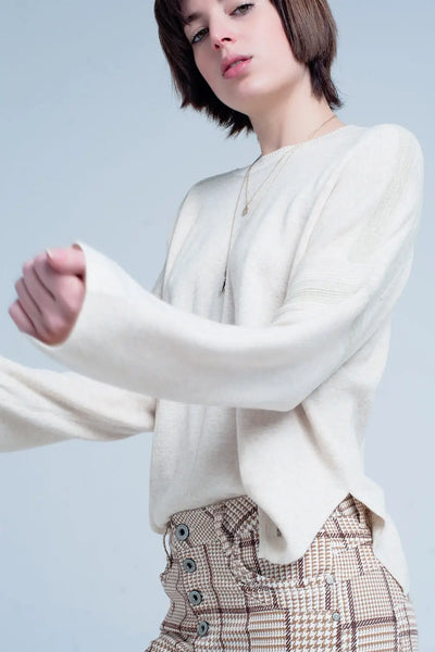 Beige Fine Knitted Sweater with Glitter Details - Sweaters