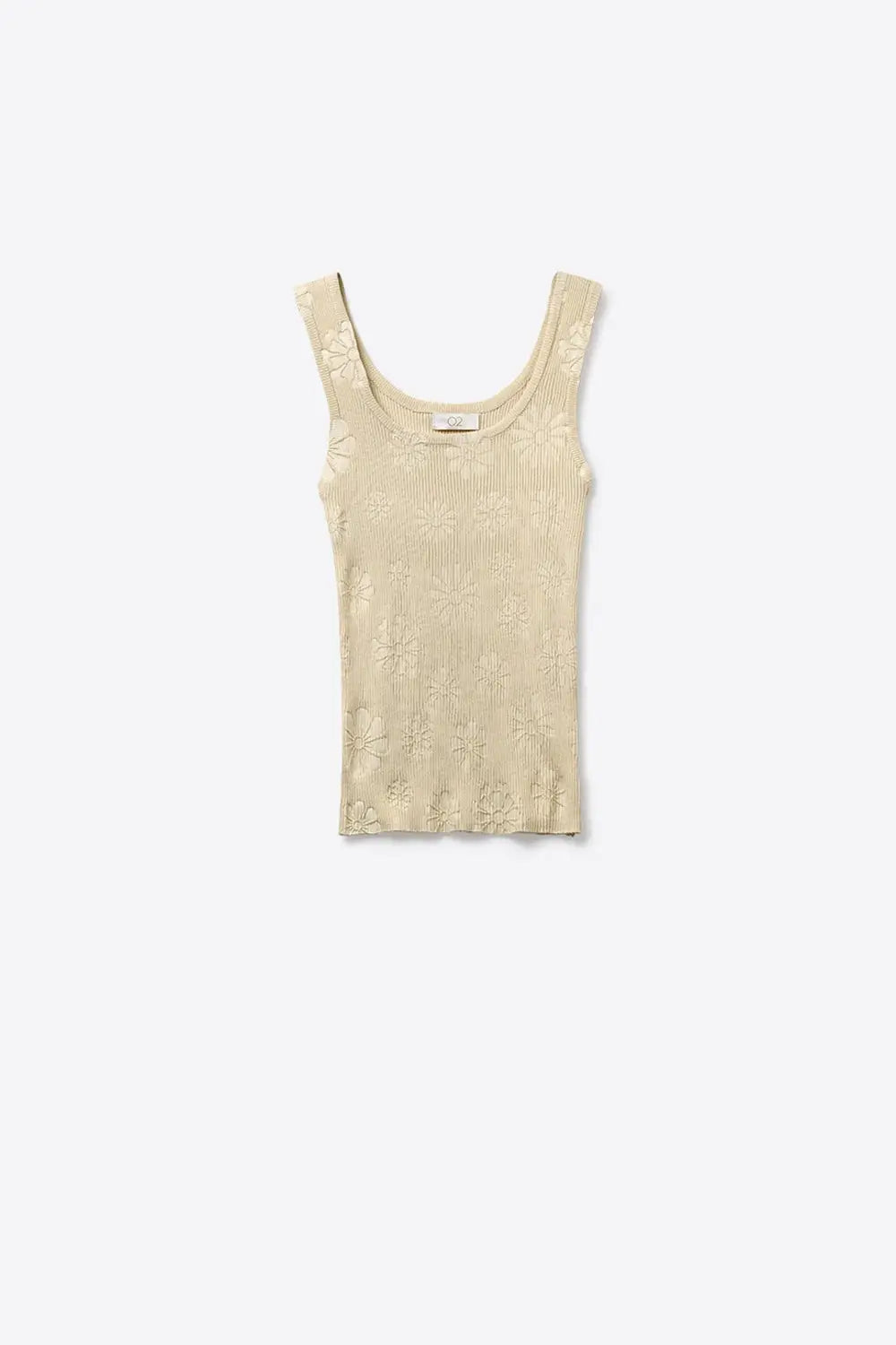 Q2 Beige Floral Embroidered Ribbed Knit Tank Top
