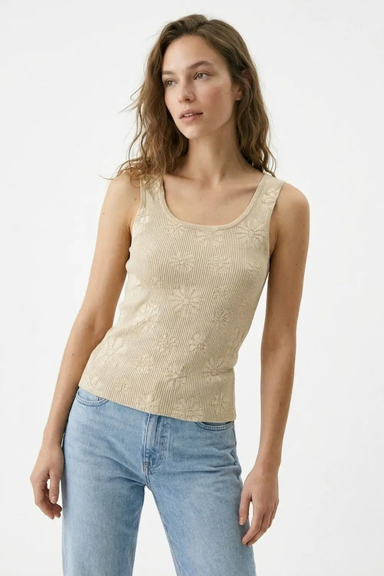 Beige Floral Embroidered Ribbed Knit Tank Top - One Size / Beige