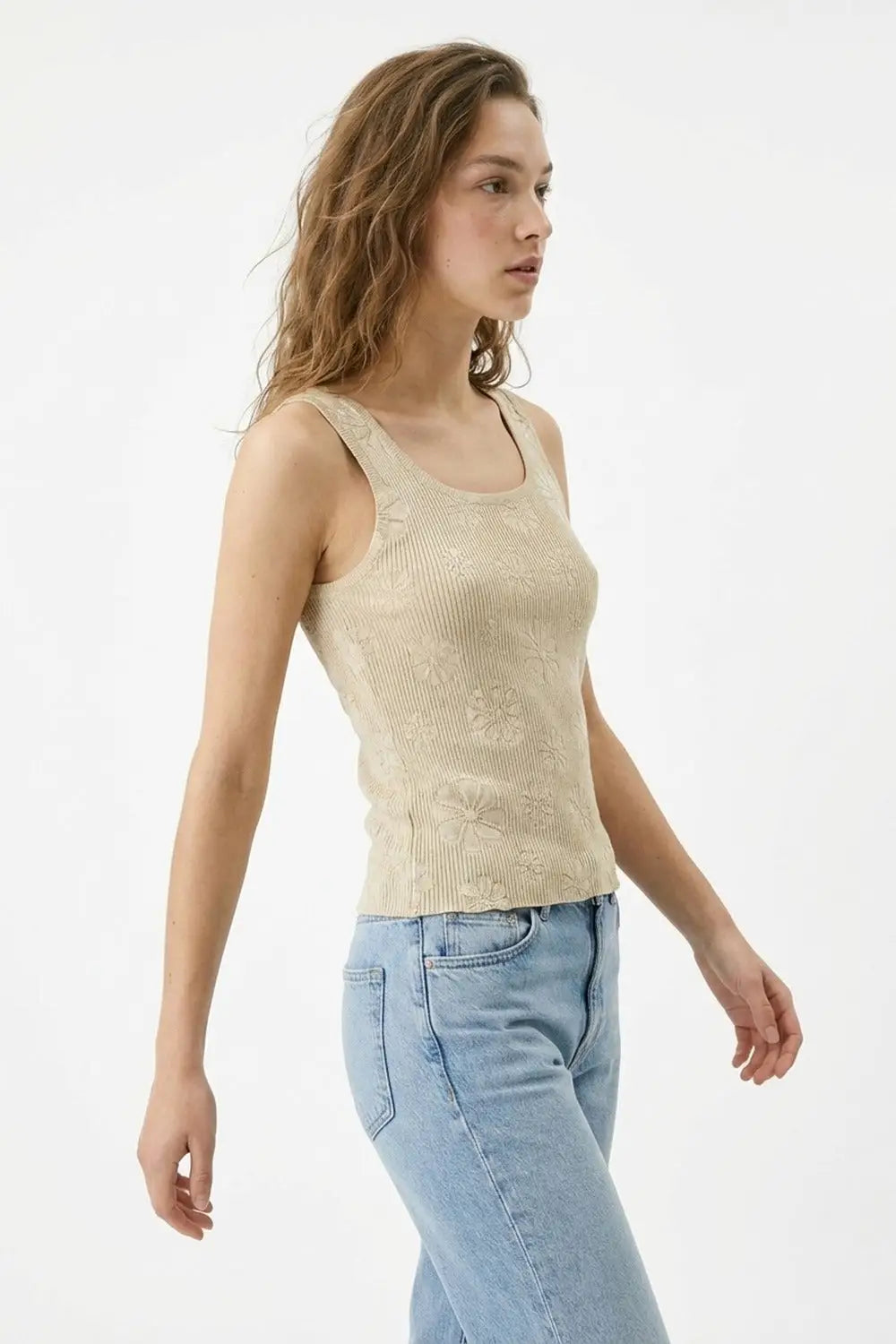 Beige Floral Embroidered Ribbed Knit Tank Top - One Size / Beige