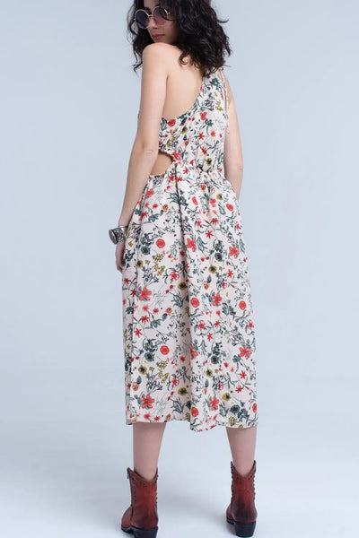 Beige floral high neck cut out midi dress - Dresses