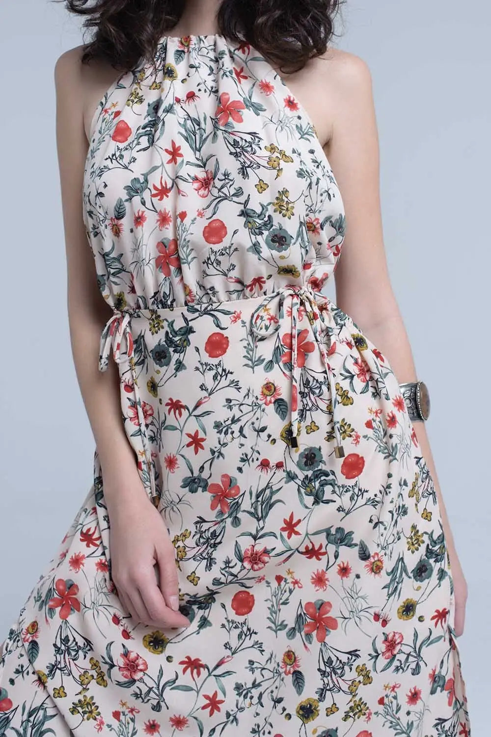 Beige floral high neck cut out midi dress - Dresses