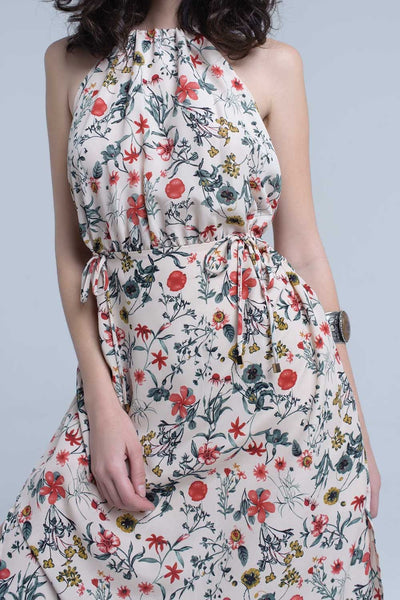 Beige floral high neck cut out midi dress