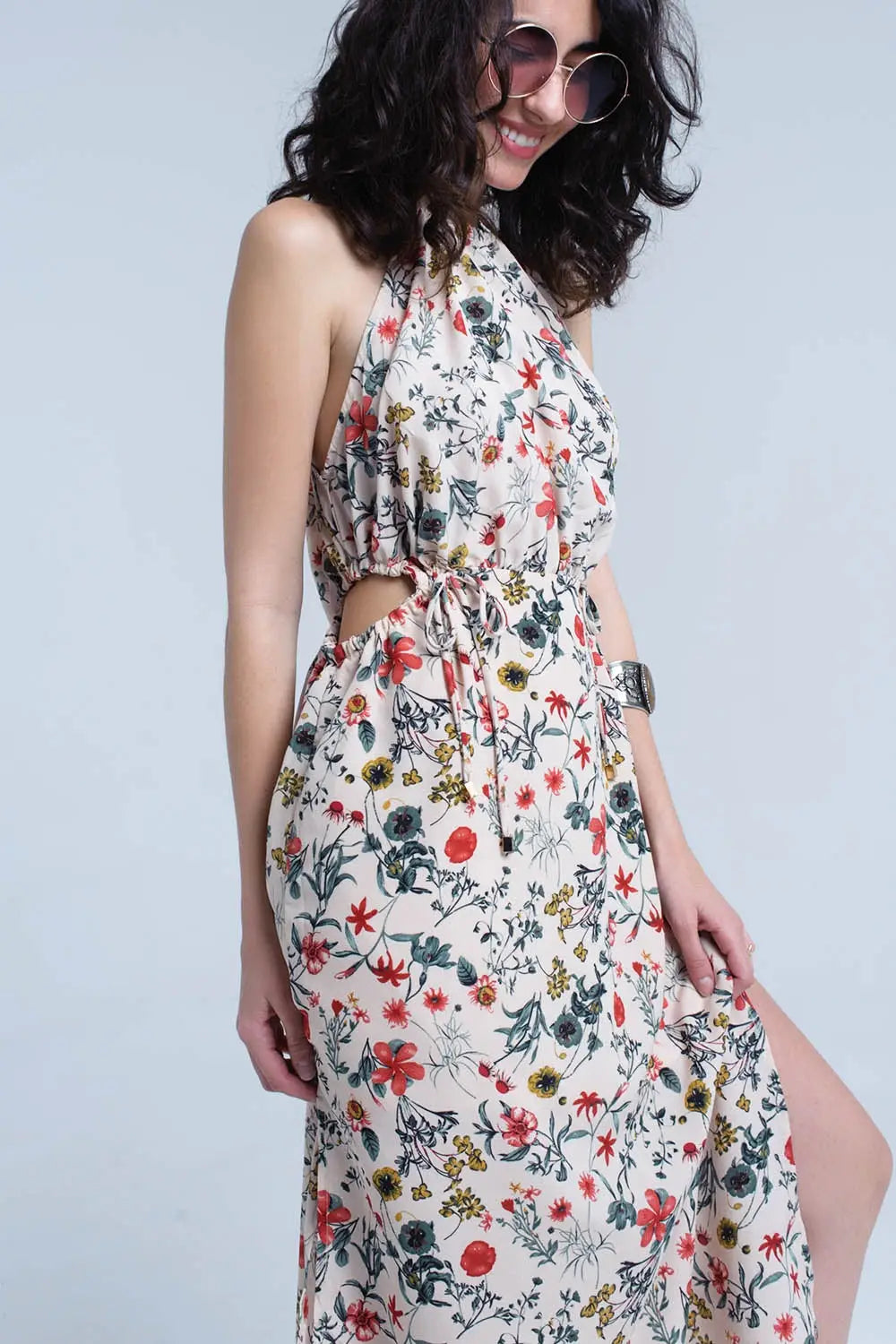 Beige floral high neck cut out midi dress - Dresses