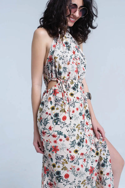 Beige floral high neck cut out midi dress - Dresses