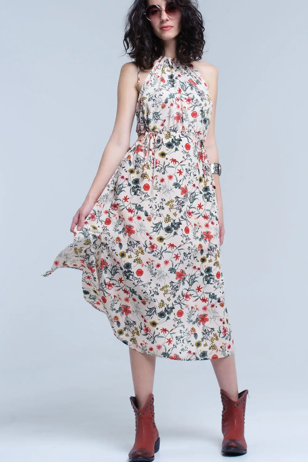Beige floral high neck cut out midi dress - Dresses