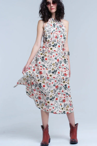 Beige floral high neck cut out midi dress - Dresses
