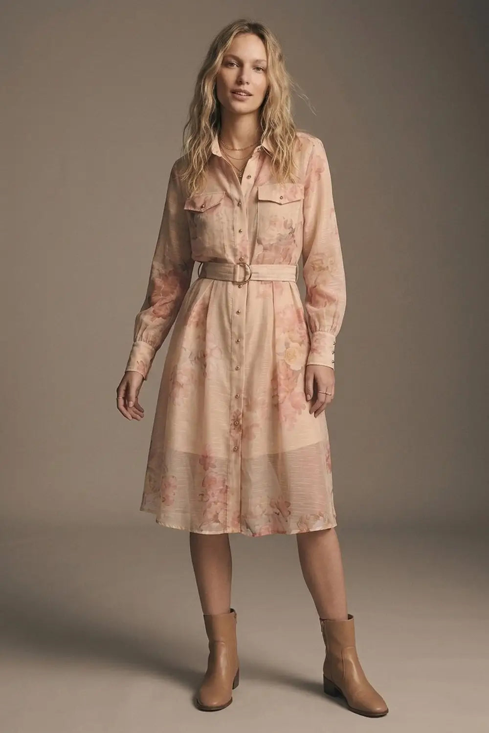 Q2 Beige Floral Print Chiffon Belted Midi Shirt Dress with Gold Buttons