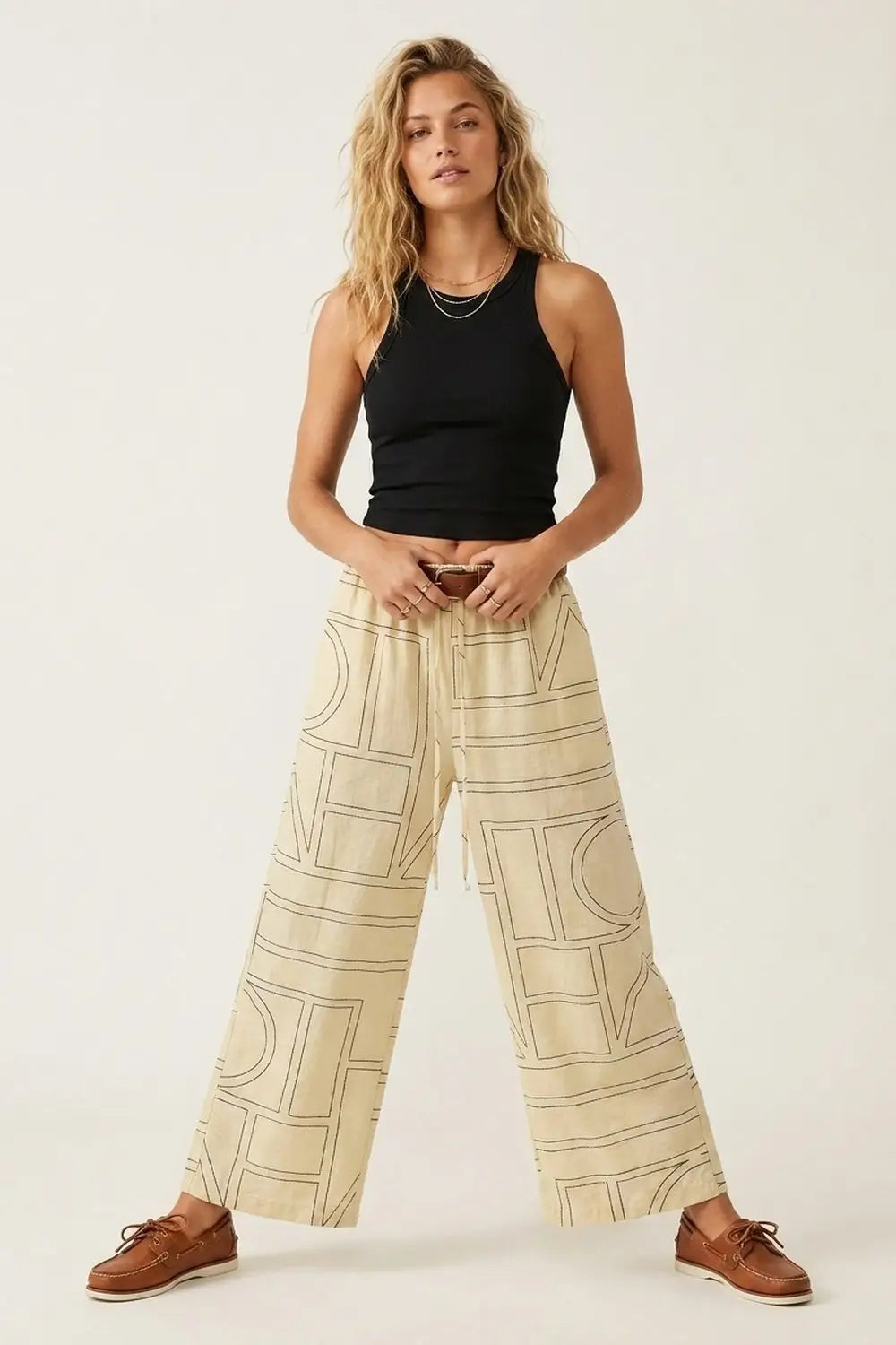 Q2 Beige Geometric Print Wide-Leg Lounge Pants