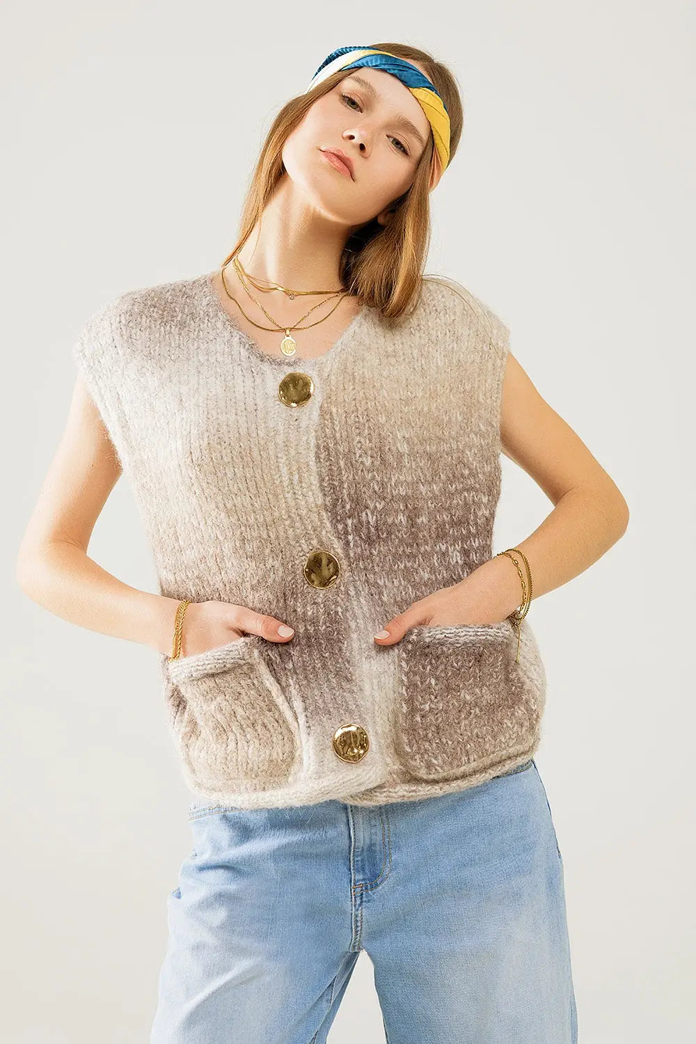 Beige gradient knitted vest with gold buttons - One Size / Beige - Sweaters