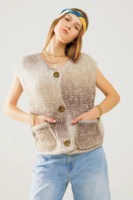 Beige gradient knitted vest with gold buttons - One Size / Beige - Sweaters
