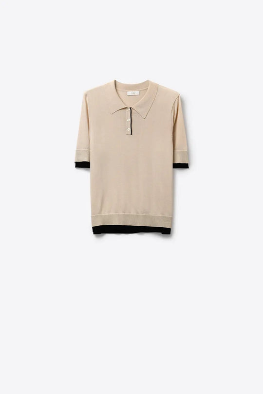 Q2 Beige Knit Polo Top with Black Trim Detail