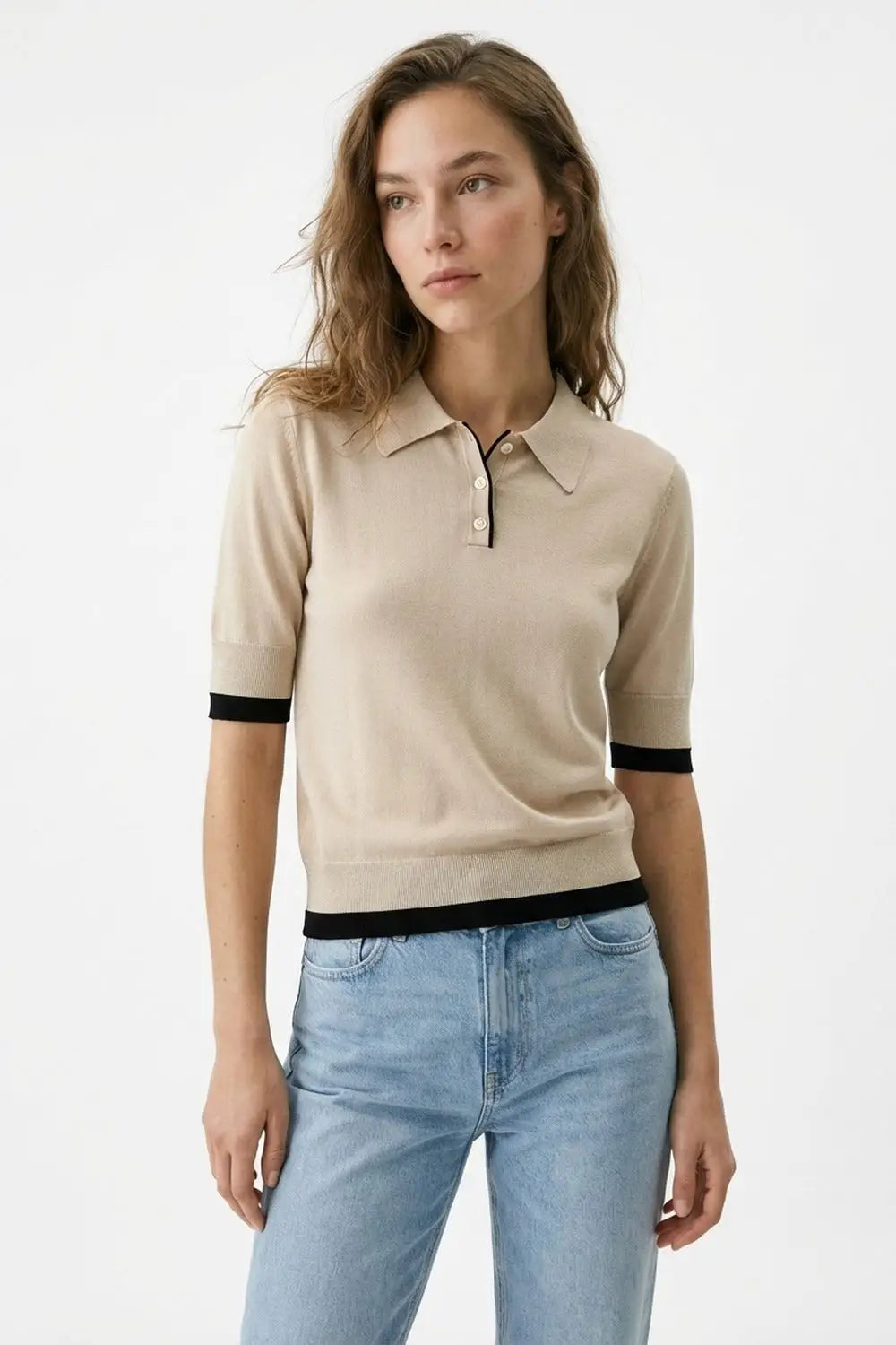 Beige Knit Polo Top with Black Trim Detail - One Size / Beige