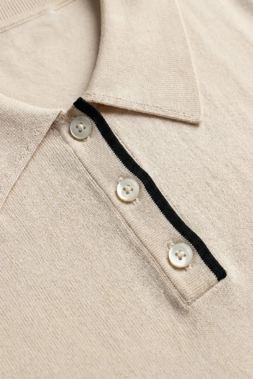 Beige Knit Polo Top with Black Trim Detail - One Size / Beige