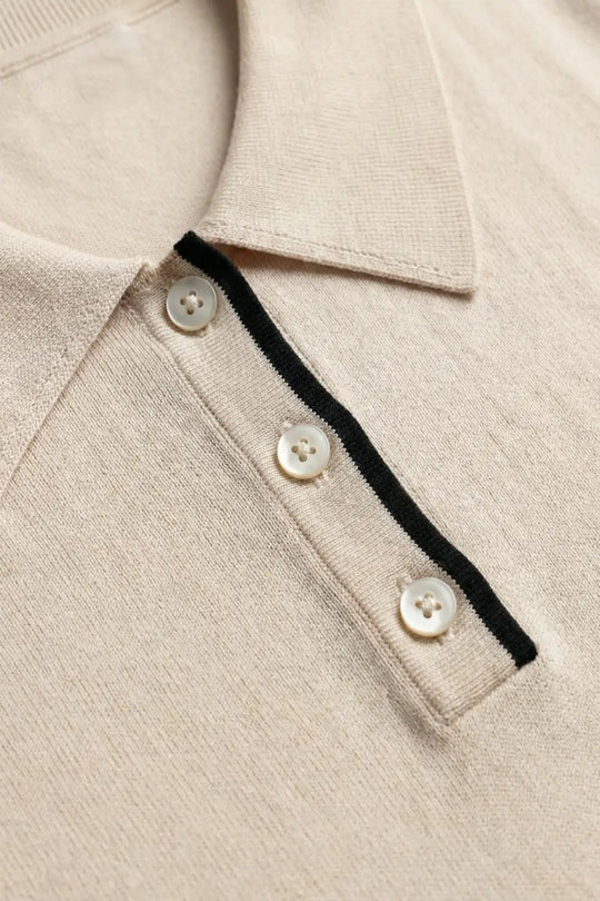 Beige Knit Polo Top with Black Trim Detail - One Size / Beige