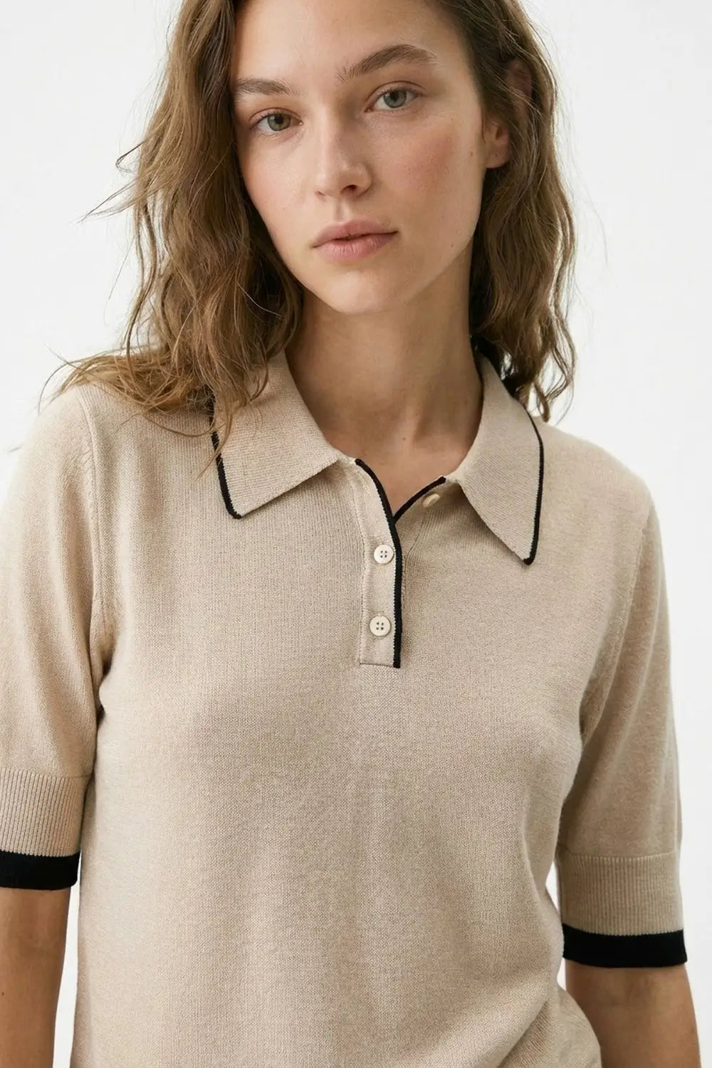 Beige Knit Polo Top with Black Trim Detail - One Size / Beige