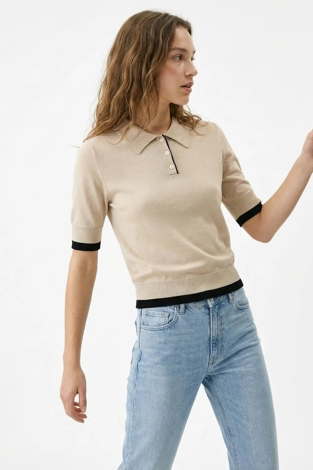 Beige Knit Polo Top with Black Trim Detail - One Size / Beige