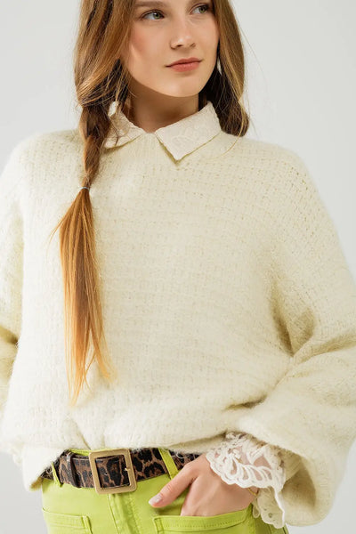 Beige Knit Sweater with balloon Sleeves - One Size / White - Sweaters