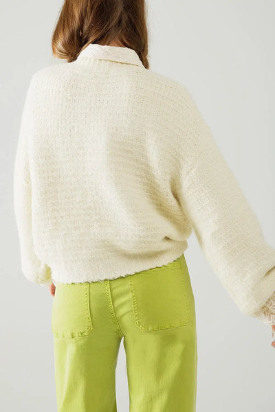 Beige Knit Sweater with balloon Sleeves - One Size / White - Sweaters